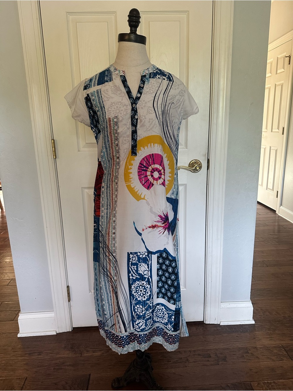 Biba Boho Vibe Cream Dress with Teal & Red Accents